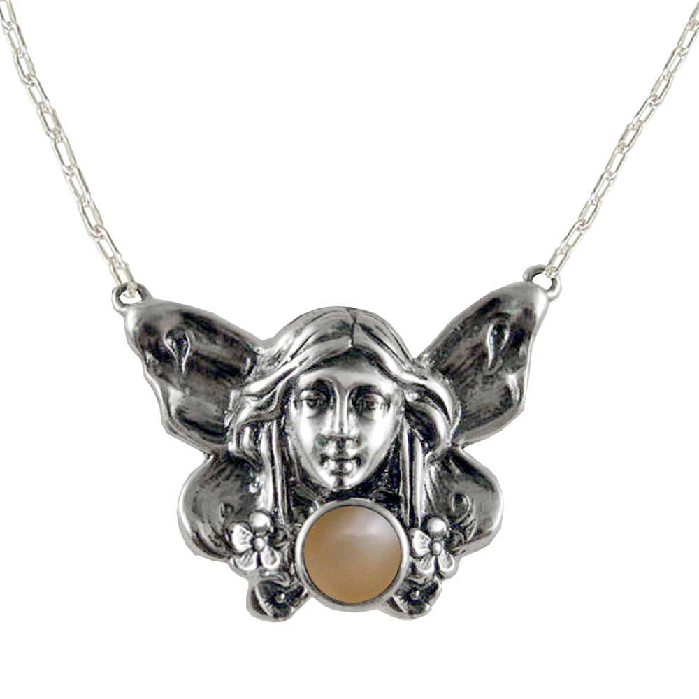 Sterling Silver Winged Fairy Aromatherapy Pendant Necklace With Peach Moonstone